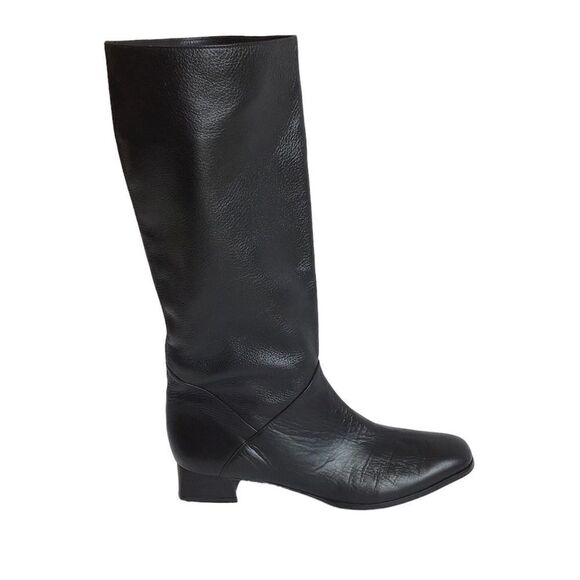 SIAMANTO Knee High Black Leather Riding Boots Pull-On Block Heel Boots Size 91/2 - Picture 1 of 16